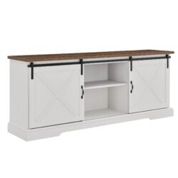 Farmhouse Sliding X Barn Door 70" TV Stand For 80" TVs - Rustic Oak / Brushed White