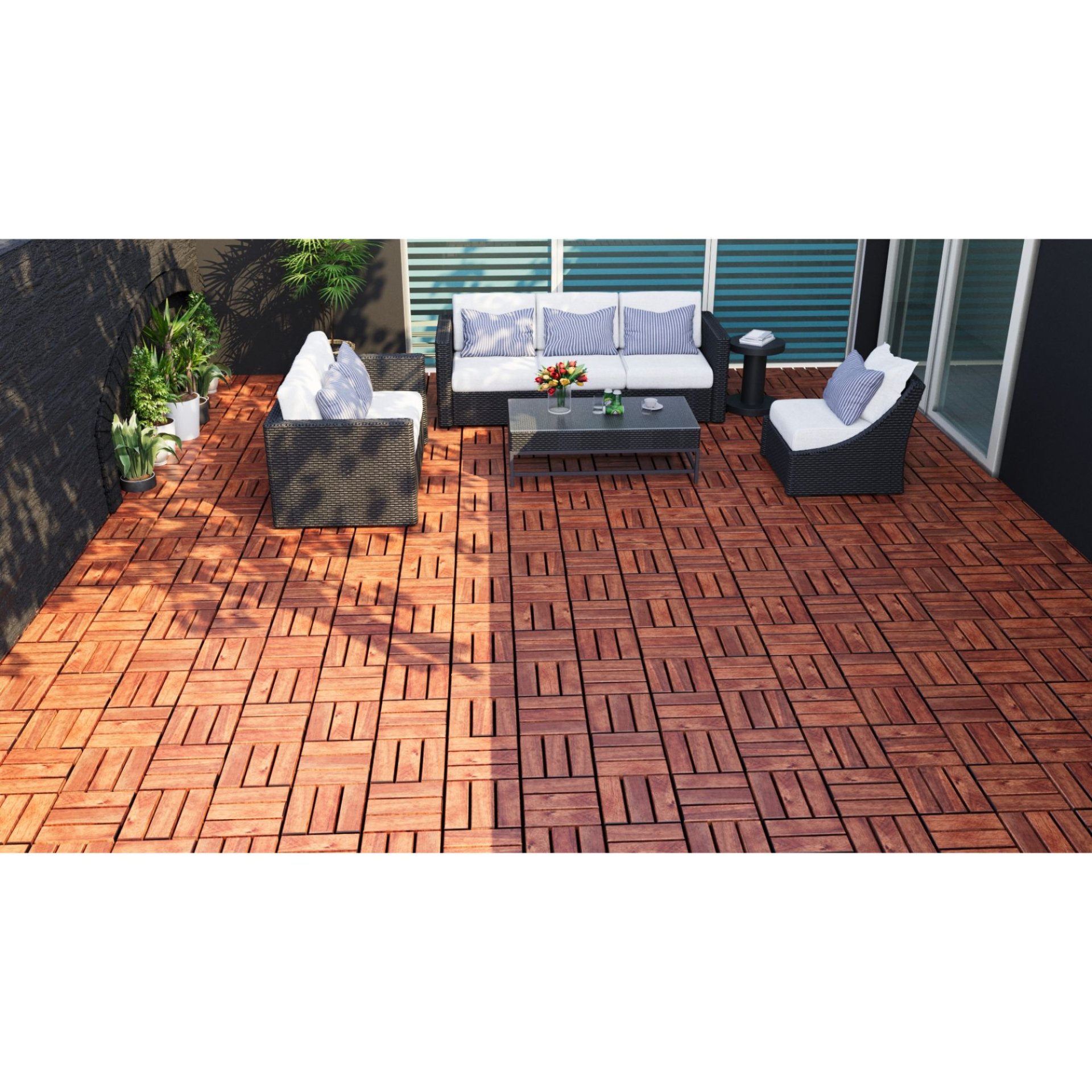 Acacia Wood Interlocking Deck Tiles Checker Pattern, 10 Piece Square Acacia Hardwood Outdoor Flooring For Patio, Bancony, Pool Side - Brown - Image 14