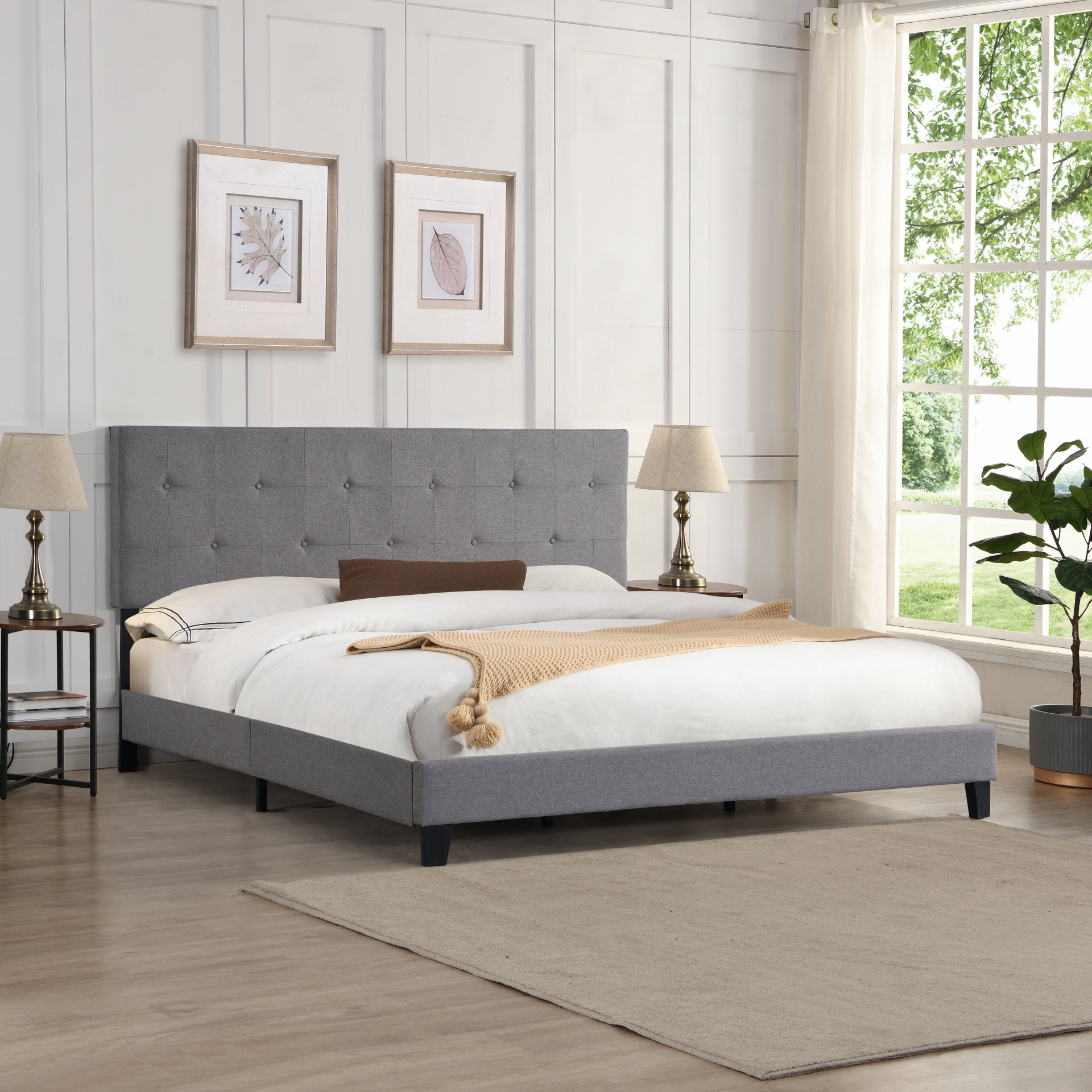 King Size Contemporary Upholstered Platform Bed Frame With Button Tufted Linen Fabric Headboard, Wood Slat Support - Gray - Image 2