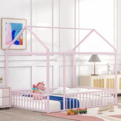 Full Size Bed House Bed Frame With Fence - Pink