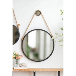 On Trend Hanging Round Mirror With Framed And With Rope Strap Contemporary Industrial Decor For Bathroom - Black
