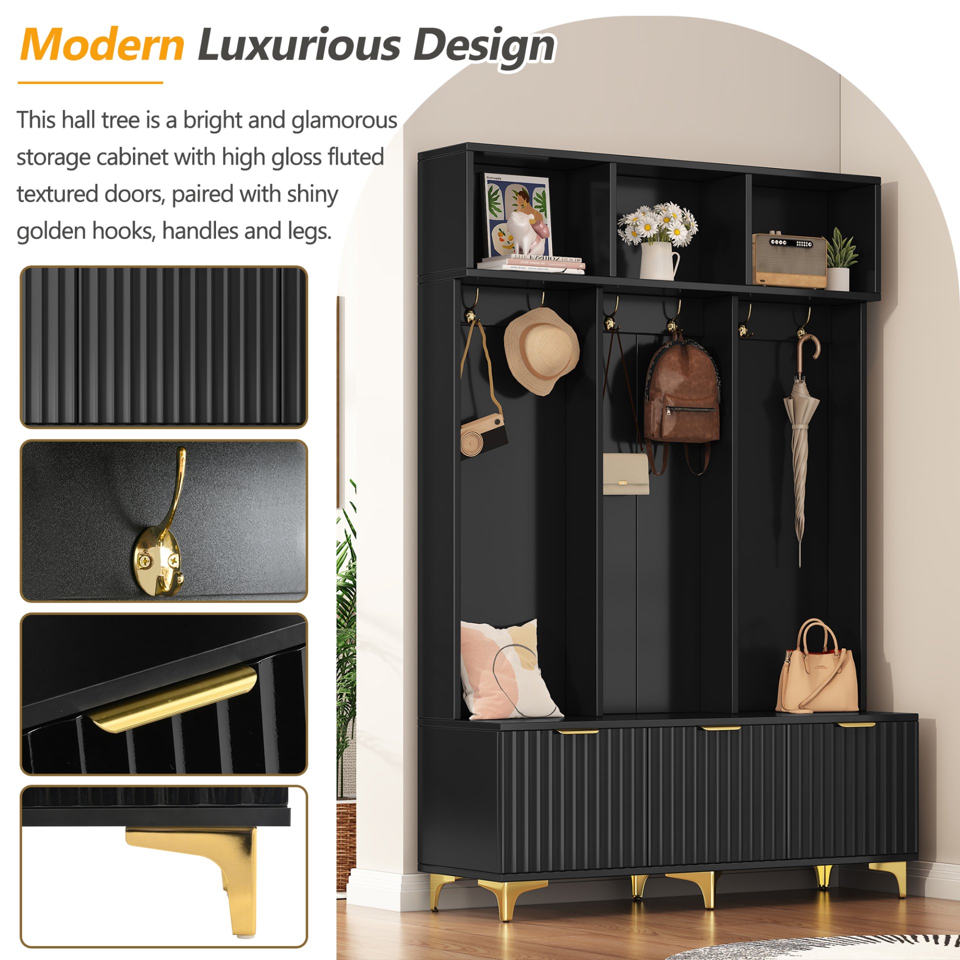 Modern Large Storage Hall Tree With Bench, Luxurious Coat Rack With 6 Hooks And Legs For Entryway, Living Room - Black / Gold - Image 8