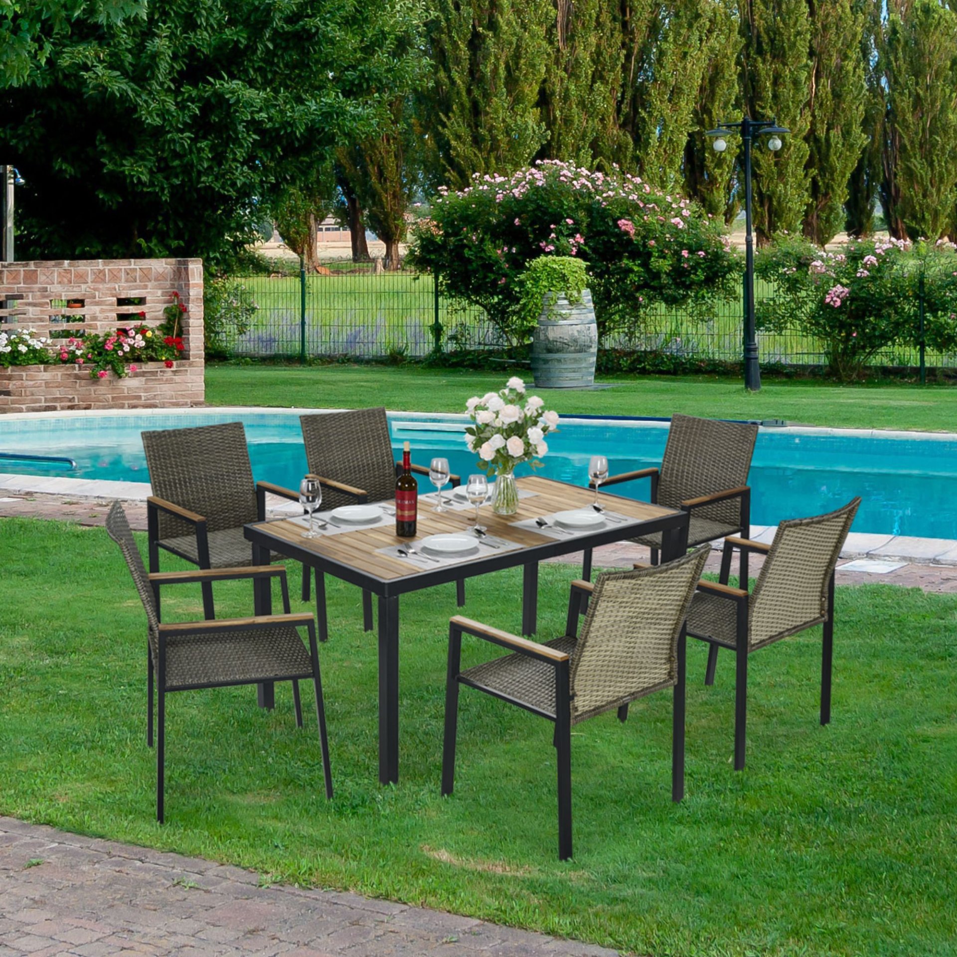 All Weather 7 Piece Patio Dining Table Set With Umbrella Hole - Brown / Gray - Image 13
