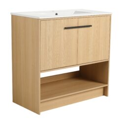 Modern Bathroom Vanity With Ceramic Sink And Soft Closing Doors, 36" Freestanding Cabinet - Oak