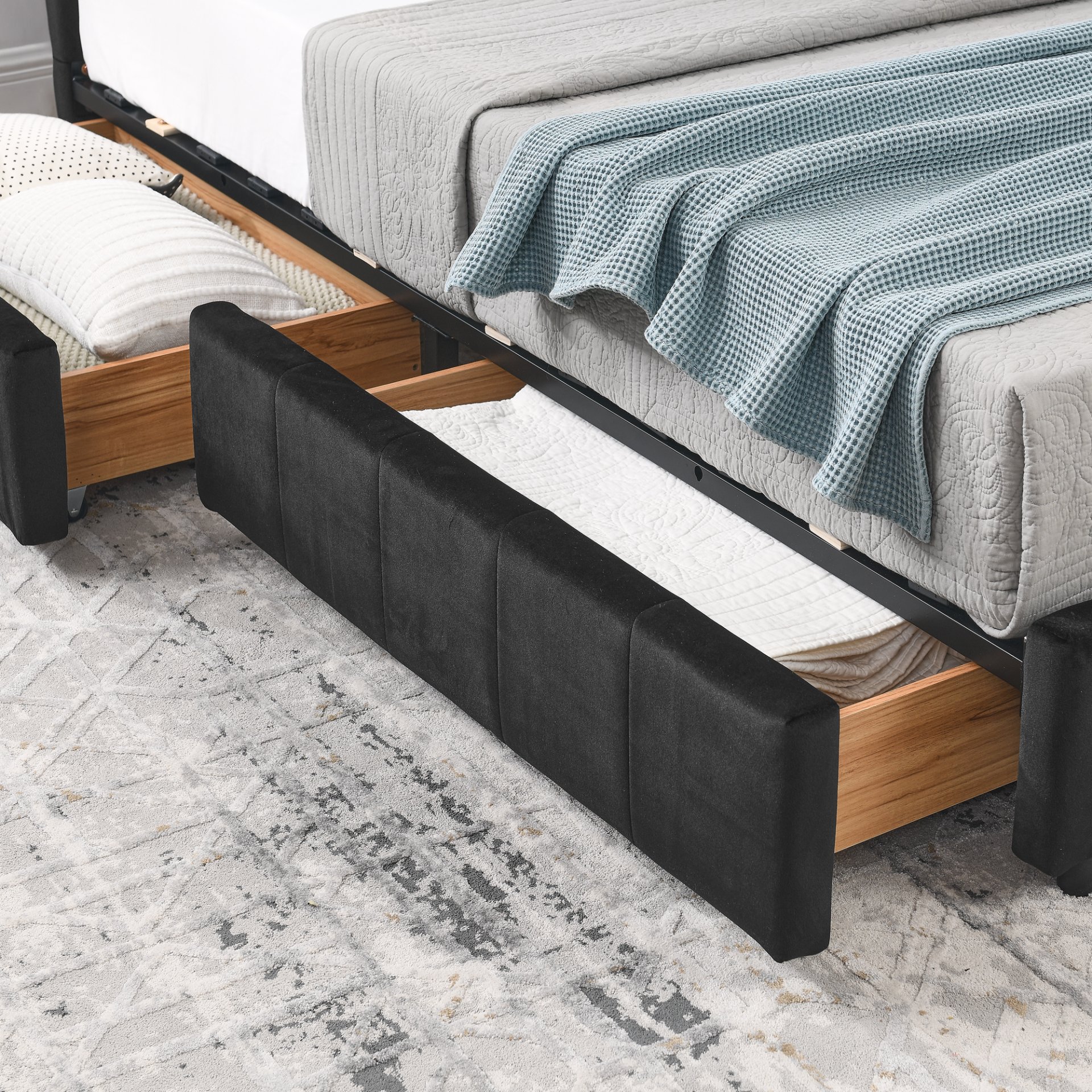 Mid Century Velvet Upholstered Tufted Full Size Storage Bed Frame With Backrest And Armrests - Black - Image 11