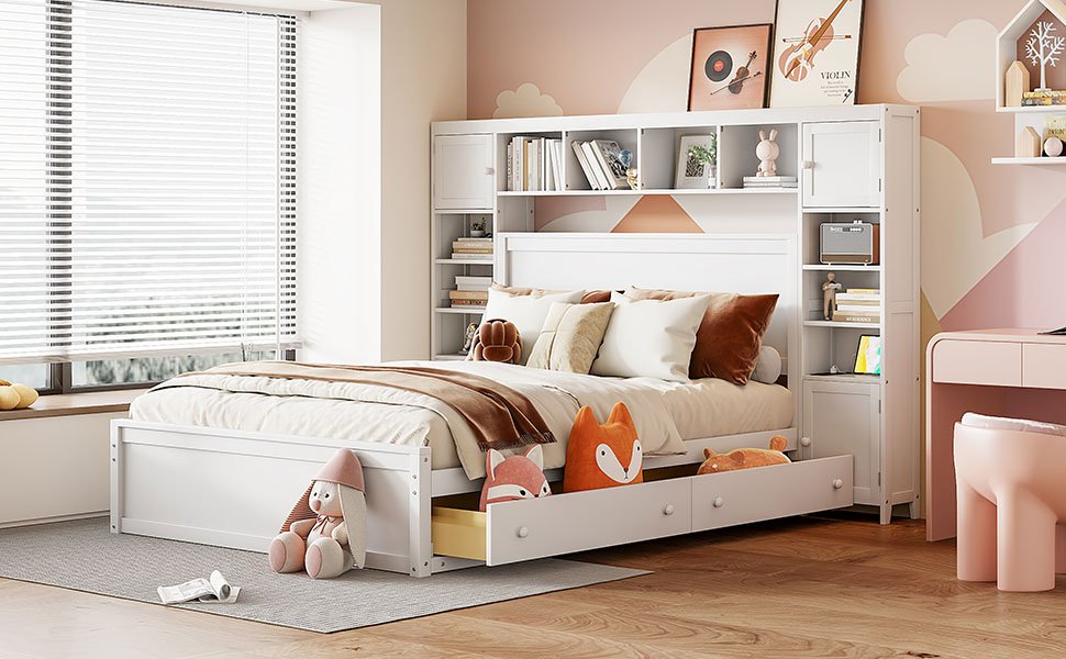 Queen Size Bed With All In One Cabinet, Shelf And Sockets - White - Image 16