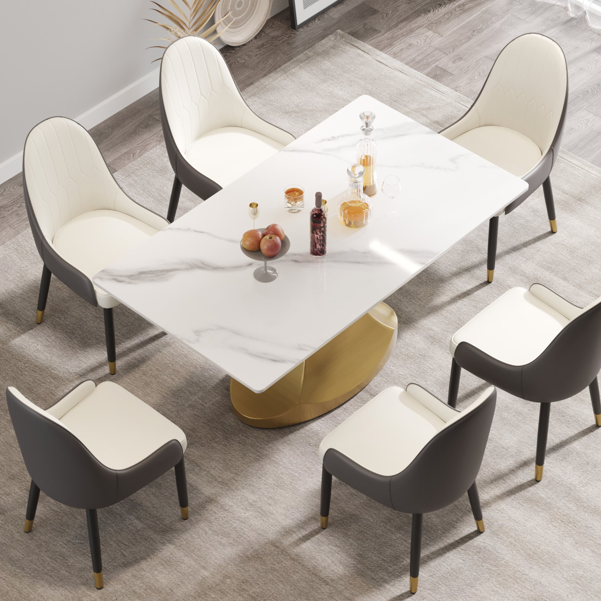 63" Modern Artificial Stone Panel Golden Stainless Steel Curved Legs, Can Accommodate 6-8 People - White / Gold - Image 4