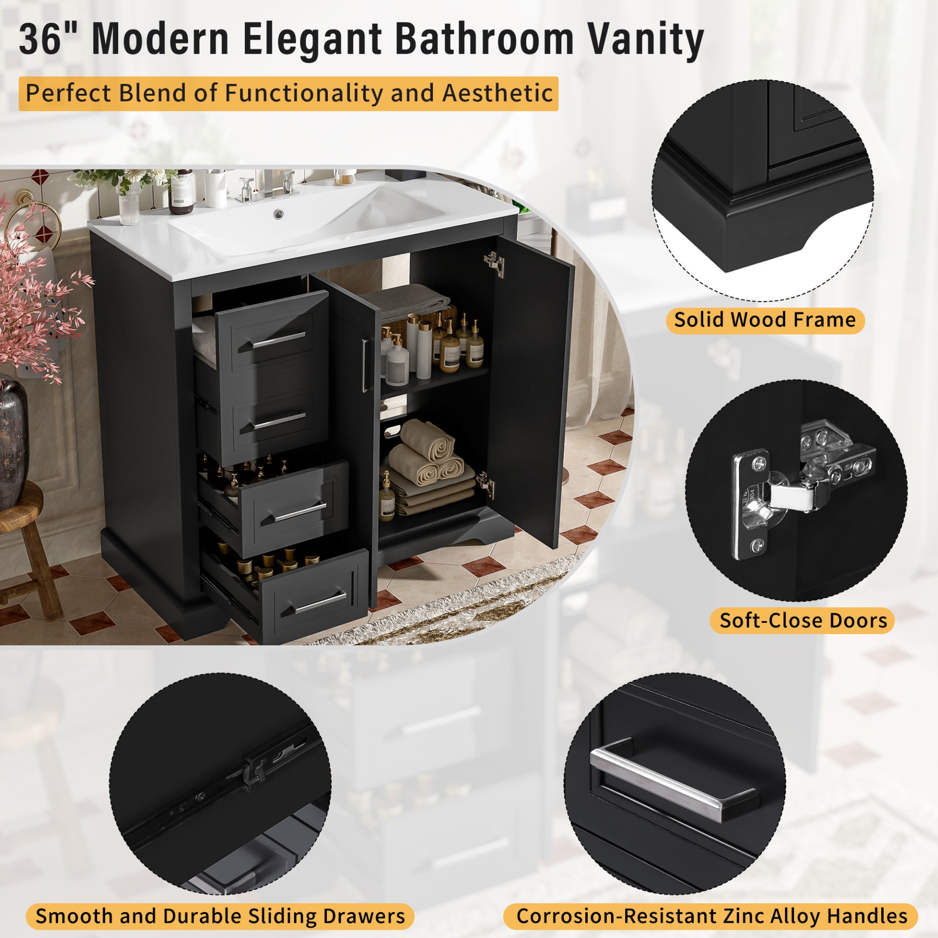 36" Bathroom Vanity With Sink, Soft Close Doors, Adjustable Shelf & 3 Drawers - Black - Image 9