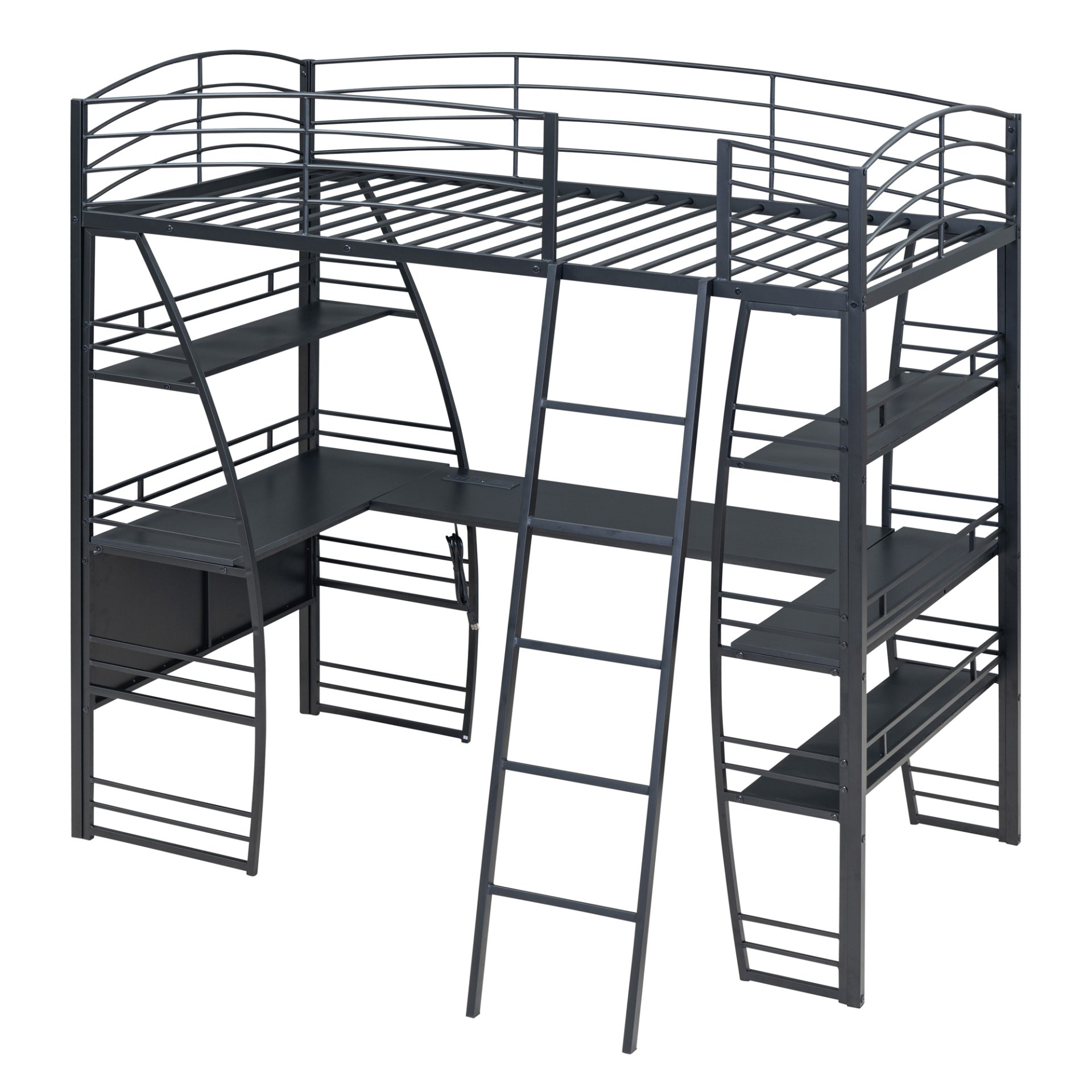 Twin Size Loft Bed With 4 Layers Of Shelves And L-Shaped Desk, Stylish Frame With A Set Of Sockets, USB Ports And Wireless Charging - Black - Image 3