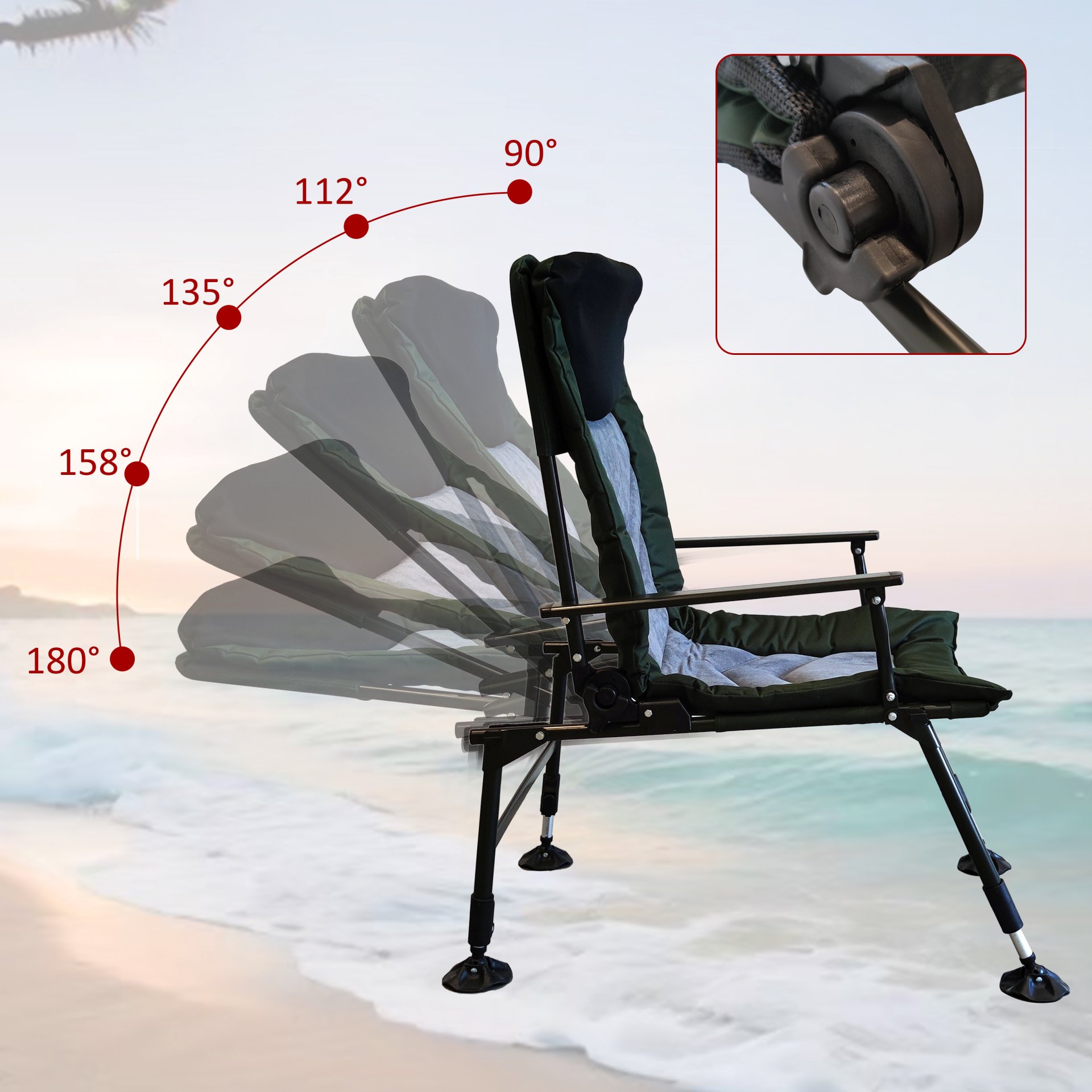 Camping Lounge Chair, Portable Folding Reclining Camping Chair With Adjustable Backrest For Indoor And Outdoor Camping Beach Hiking Fishing - Green / Black - Image 11