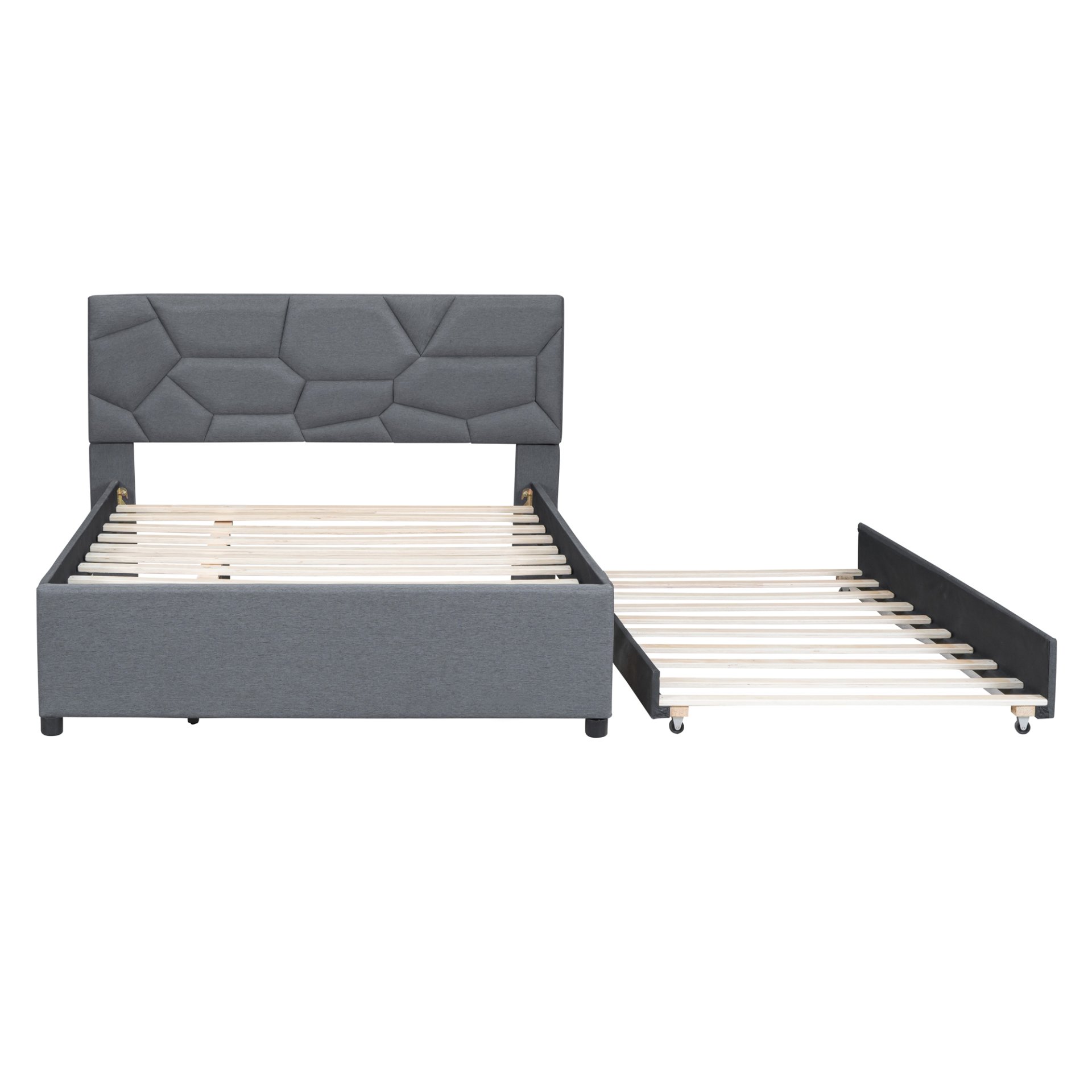 Full Size Upholstered Platform Bed With Brick Pattern Headboard And Twin Size Trundle - Gray - Image 5