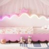 Twin Extending Daybed With LED Lights, Modern Upholstered Princess Daybed With Crown Headboard - Pink - Image 21