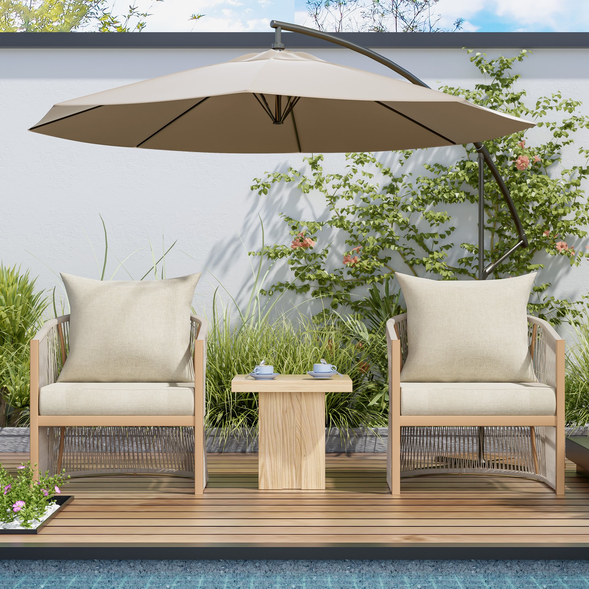Modern Curved Aluminum Lounge Chair With Stylish Rope Weave Design And Cushioned Comfort - Beige / Natural - Image 17