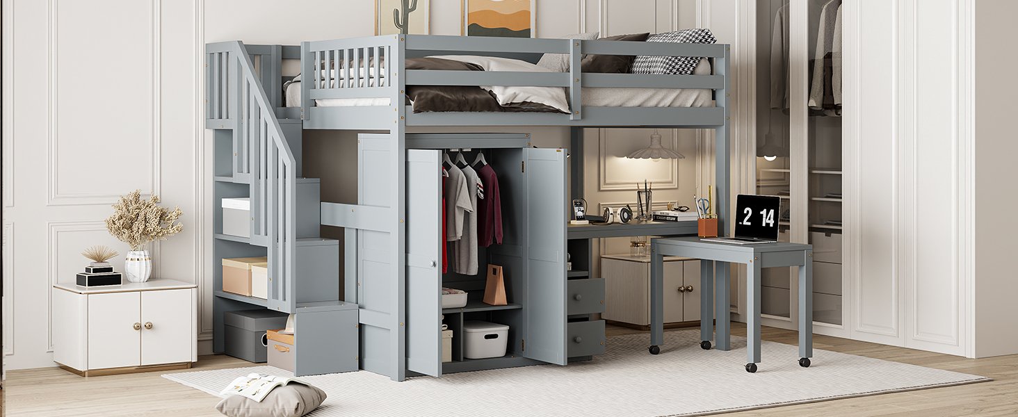 Full Size Loft Bed With Stairs, Bookshelf, Drawers, Desk & Wardrobe, Space Saving Multifunctional Furniture - Gray - Image 22