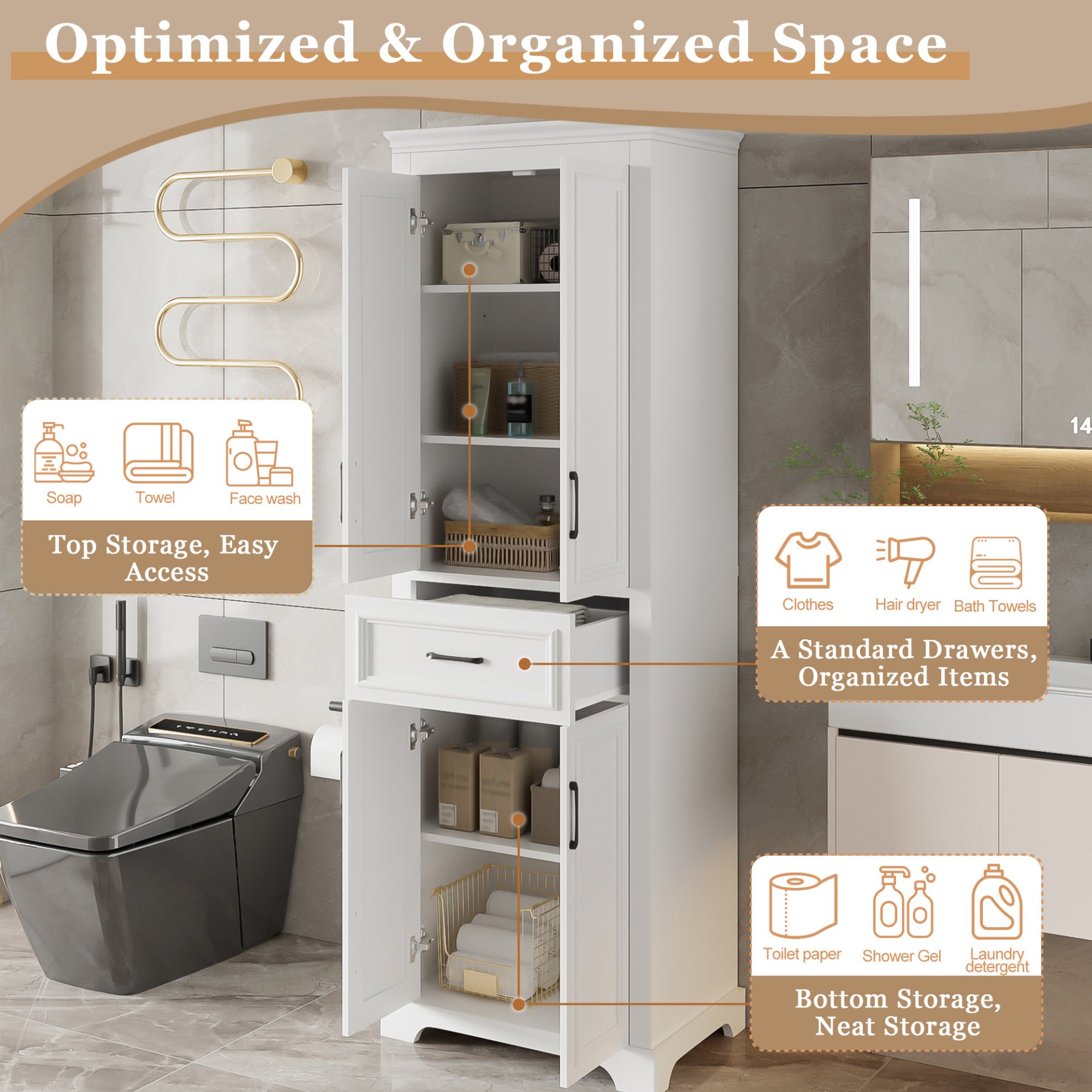 Freestanding Bathroom Vanity, Elegant Design With 4 Doors & 1 Drawer, Adjustable Shelves, Damping Hinges - White - Image 7