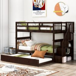Twin Over Twin Stairway Bunk Bed With Twin Size Trundle For Bedroom - Espresso