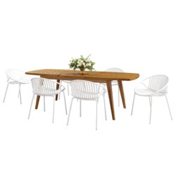 Modern Expandable Outdoor Dining Set With Stackable Chairs - White / Teak