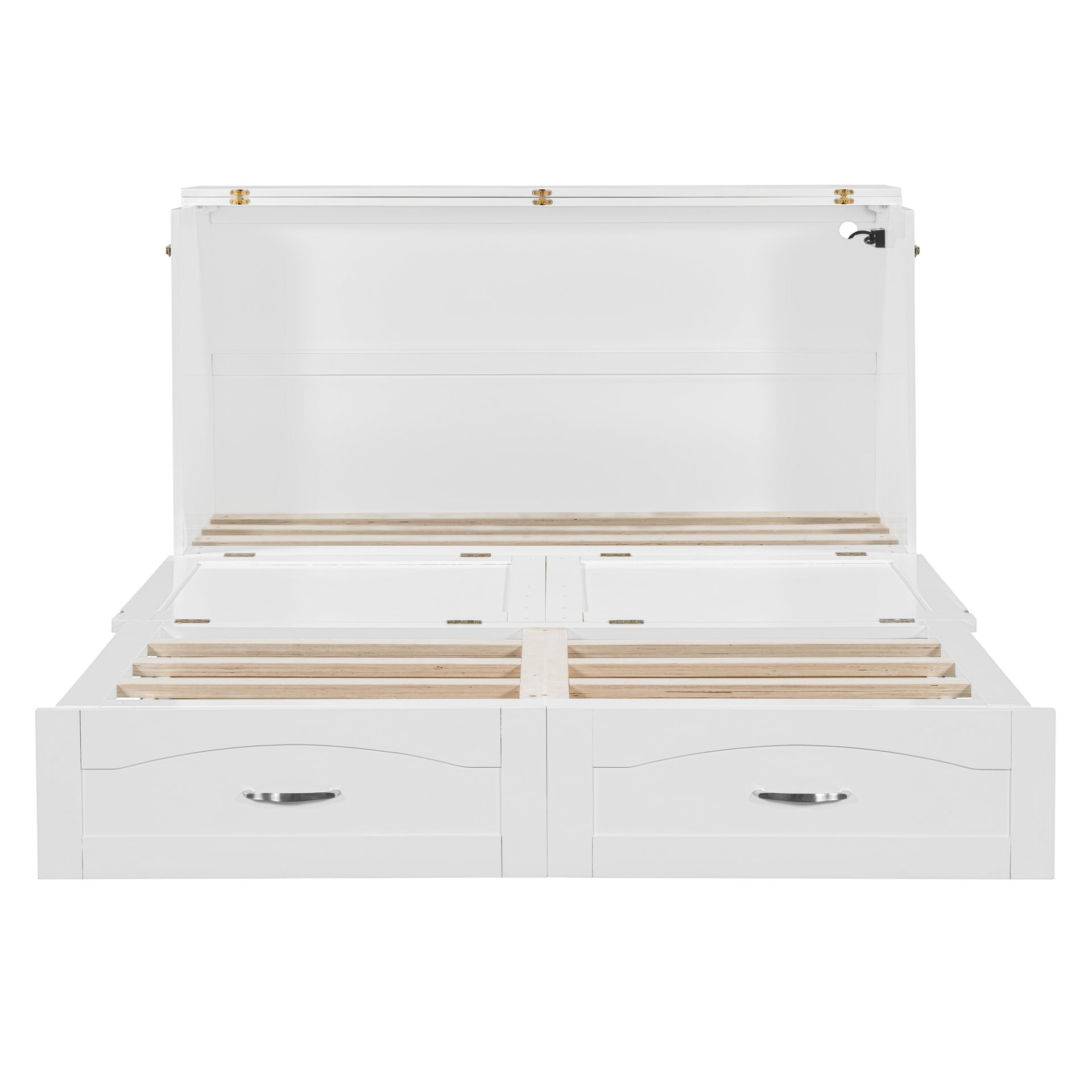 Queen Size Murphy Wall Bed With Drawer And A Set Of Sockets & USB Ports, Pulley Structure Design - White - Image 21