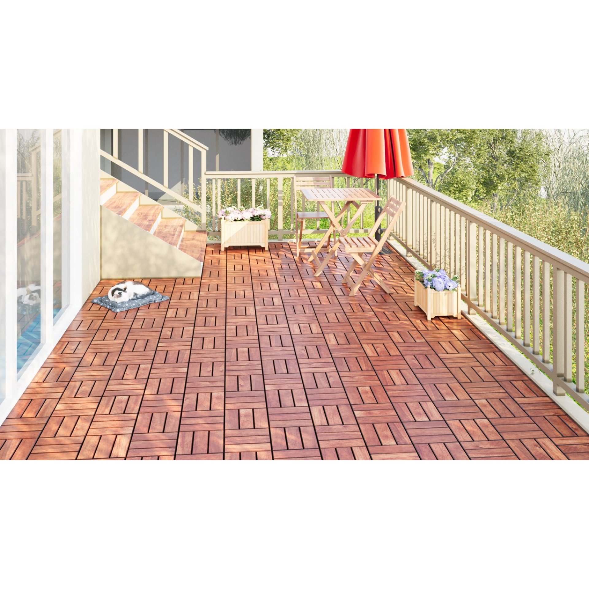 Acacia Wood Interlocking Deck Tiles Checker Pattern, 10 Piece Square Acacia Hardwood Outdoor Flooring For Patio, Bancony, Pool Side - Brown - Image 15