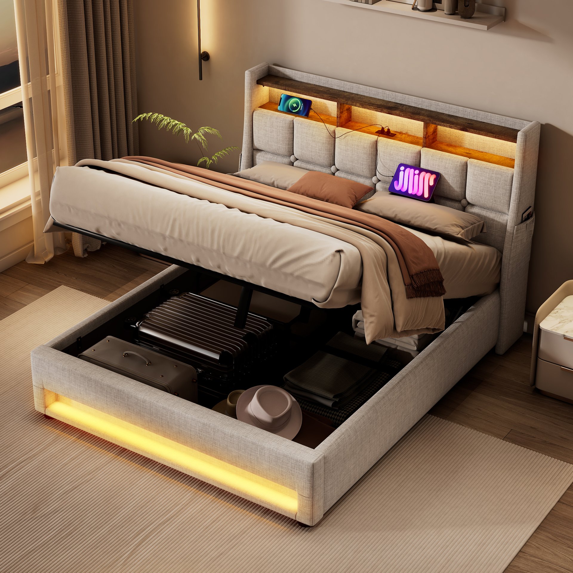 Full Size Upholstered Platform Bed With A Hydraulic Storage System, LED And USB Charging (Without Mattress) - Natural - Image 22