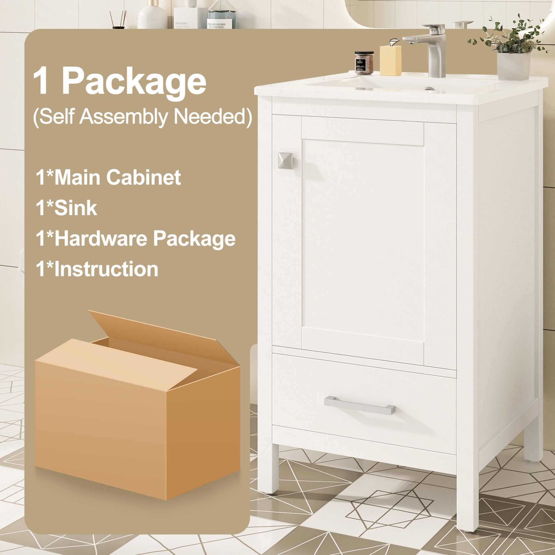 20" Bathroom Vanity With Sink, Soft Close Drawers, Door Organizer, Divider Drawer, Adjustable Foot Pads - White - Image 10