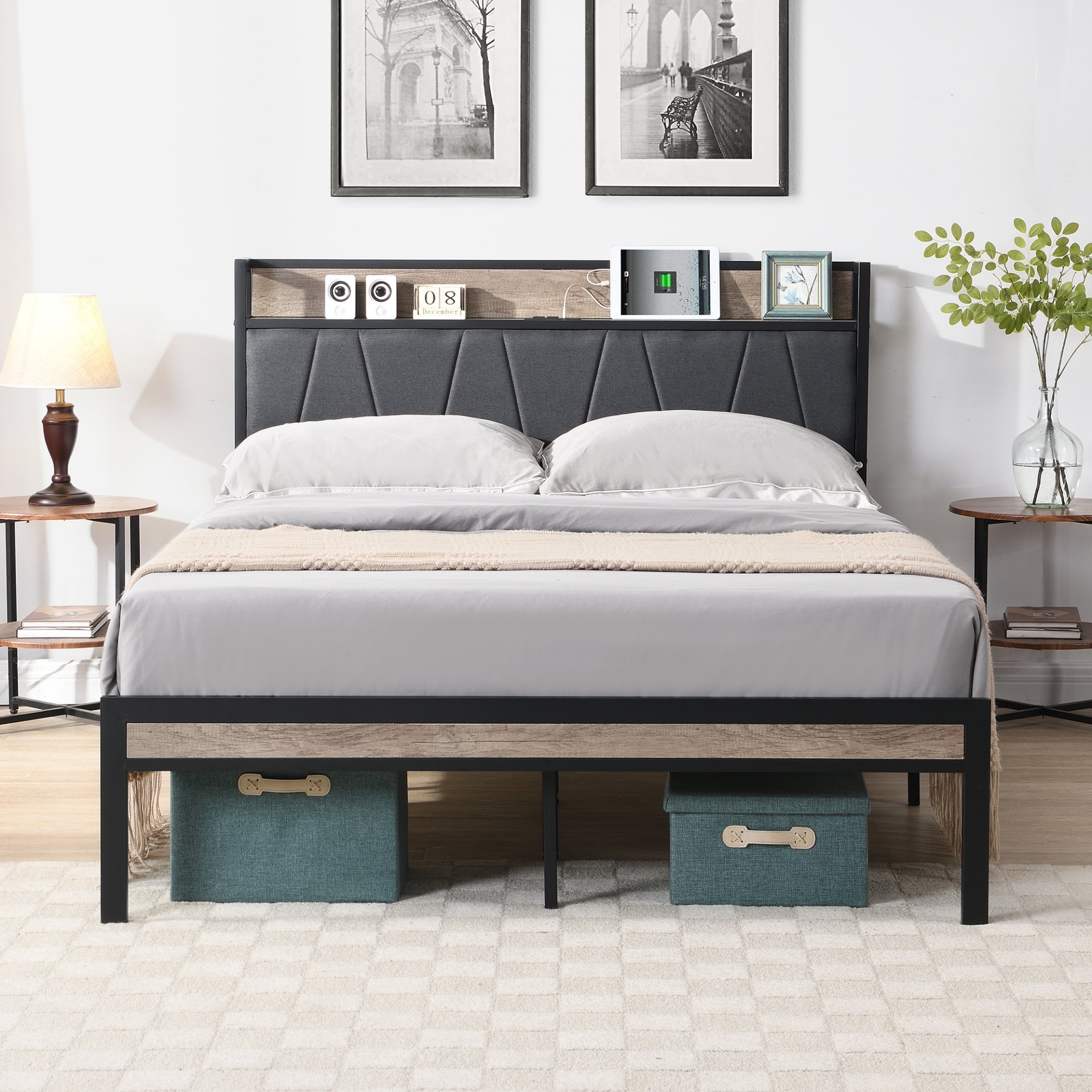Queen Size Metal Platform Bed Frame With Upholsteryolstery Storage Function Headboard And USB Liner And Footboard, No Box Spring Needed, Large Under Bed Storage - Gray - Image 2