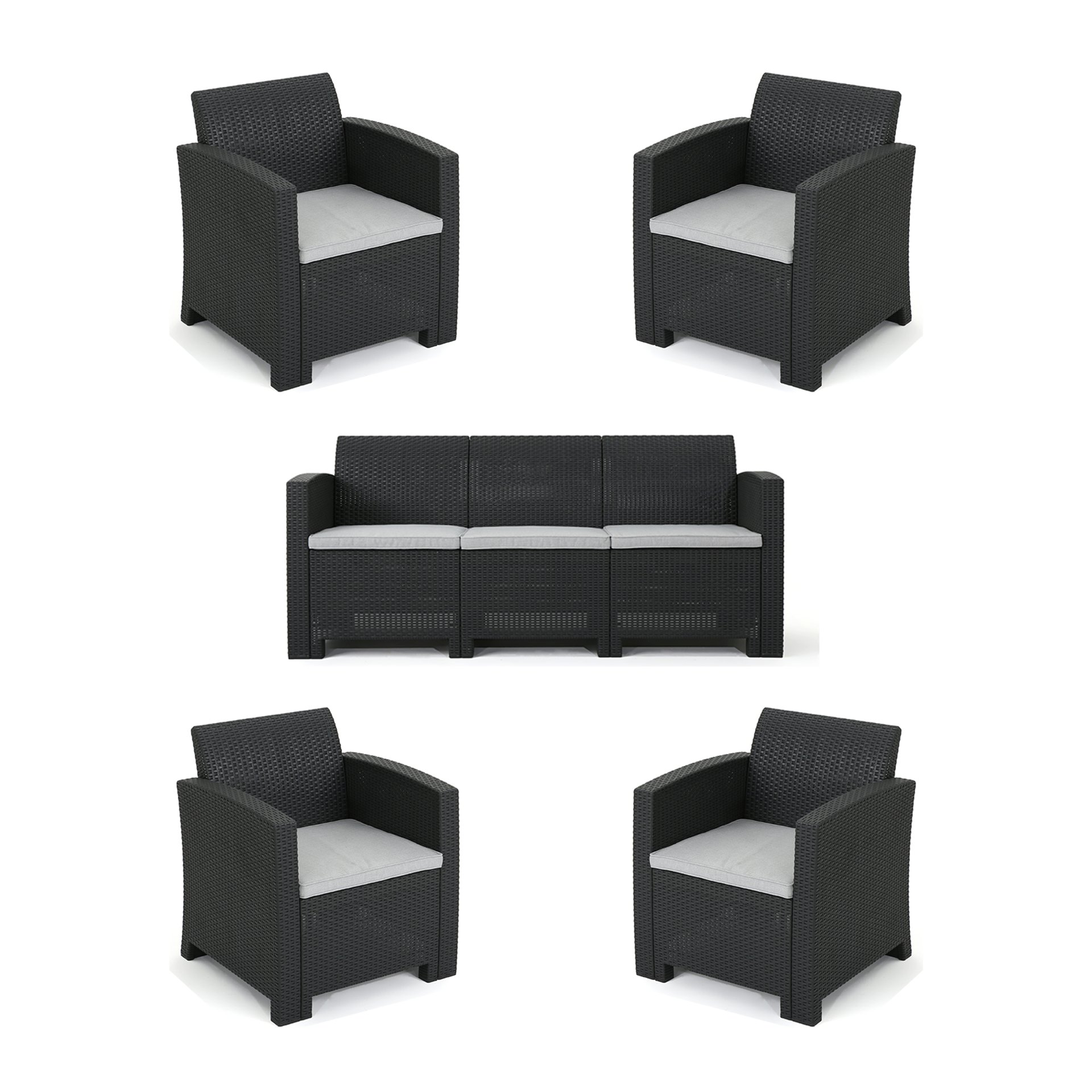 Outdoor Faux Wicker Rattan Style Chat Set With Water Resistant Cushions, 5 Pieces Set - Charcoal / Light Gray - Image 3