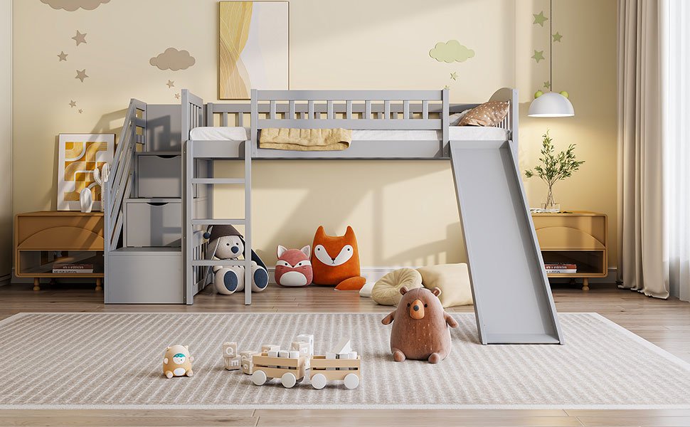 Twin Size Loft Stairway Bed With 2 Drawers And Slide - Gray - Image 16