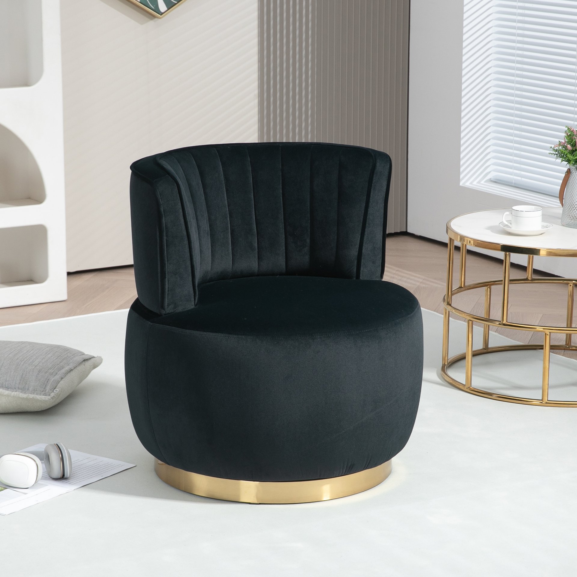 Coolmore - Swivel Barrel Chair, 360 Degree Round Armchair With Fluffy Velvet Upholstery For Living Room, Bedroom, Office - Black - Image 2