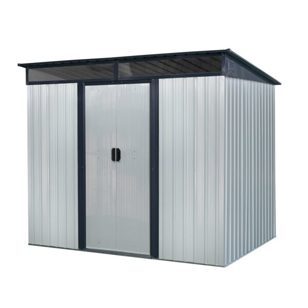 8Ft X 6Ft Outdoor Metal Storage With Lockable Sliding Doors And Transparent Plate For Garden, Lawn - White / Black