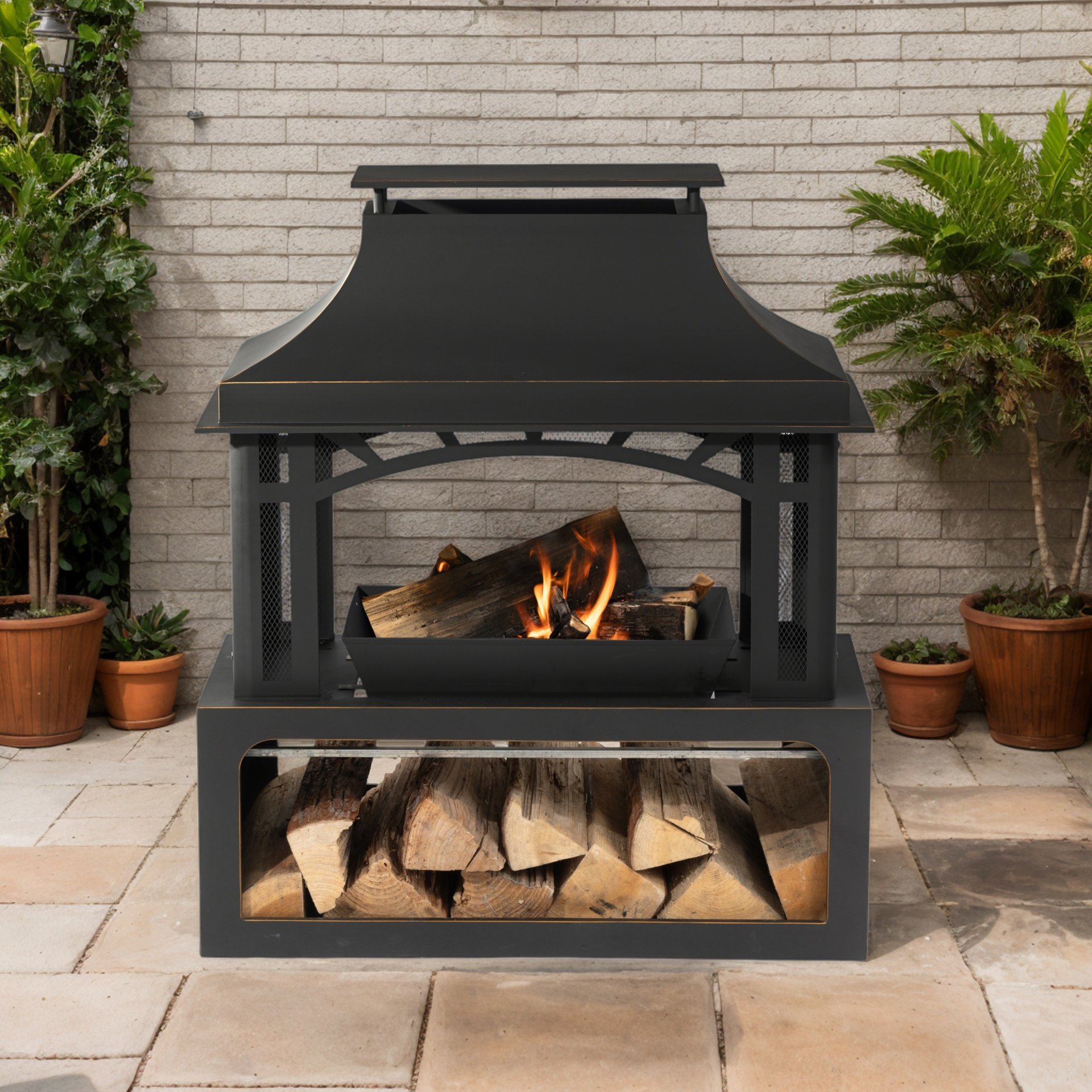40" Wood Burning Fireplace, 50000 Btu Steel Fire Pit, Wood Burning Chimney For Outside Patio Deck Garden Backyard - Black - Image 2
