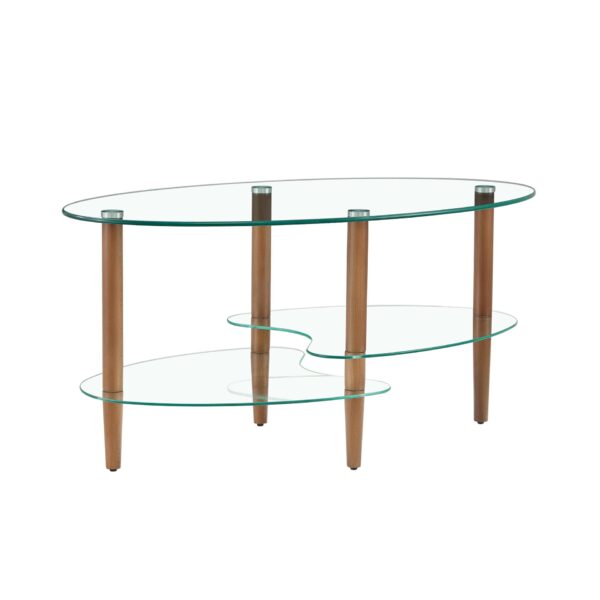Transparent Oval Glass Coffee Table, Modern Table In Living Room Oak Wood Leg Tea Table 3-Layer Glass Table - Brown