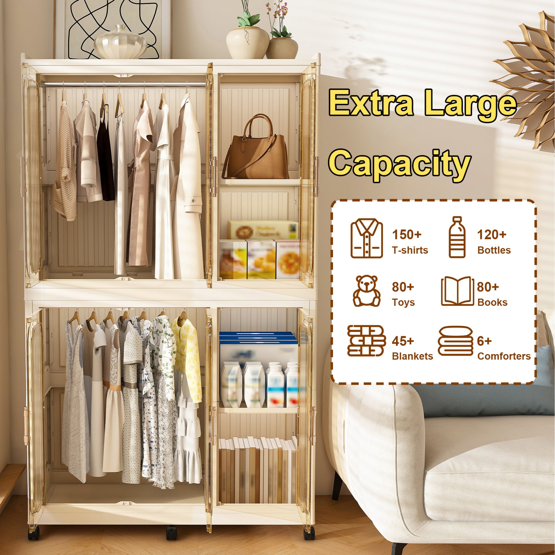 Portable Wardrobe Closet Storage Organizer For Clothes, 6 Magnetic Doors With 6 Cubes & 2 Hanging Rods, 6 Hangers - Cream White - Image 9