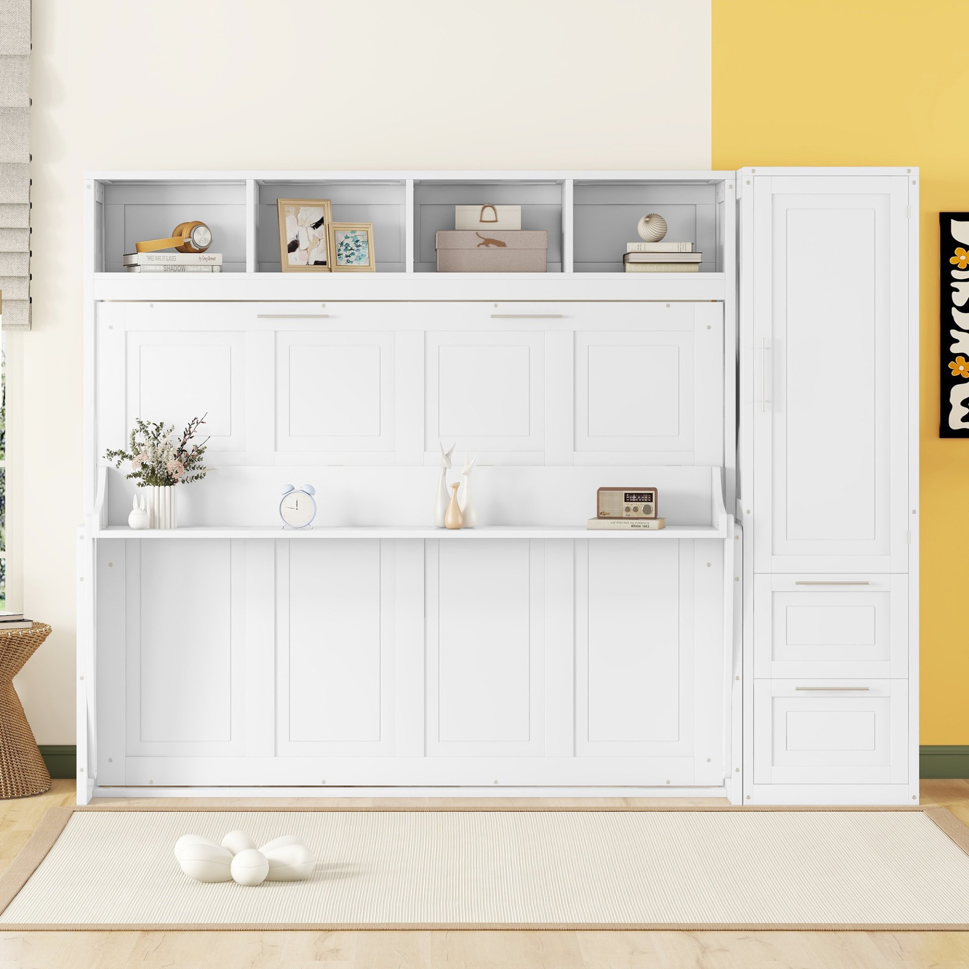 Queen Size Murphy Wall Bed With Closet And Drawers - White - Image 3