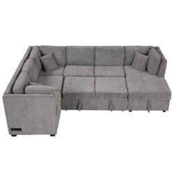 U-Shaped Sectional Sofa Pull Out Sofa Bed With Two USB Ports, Two Power Sockets, Three Back Pillows And A Storage Chaise For Living Room - Light Gray