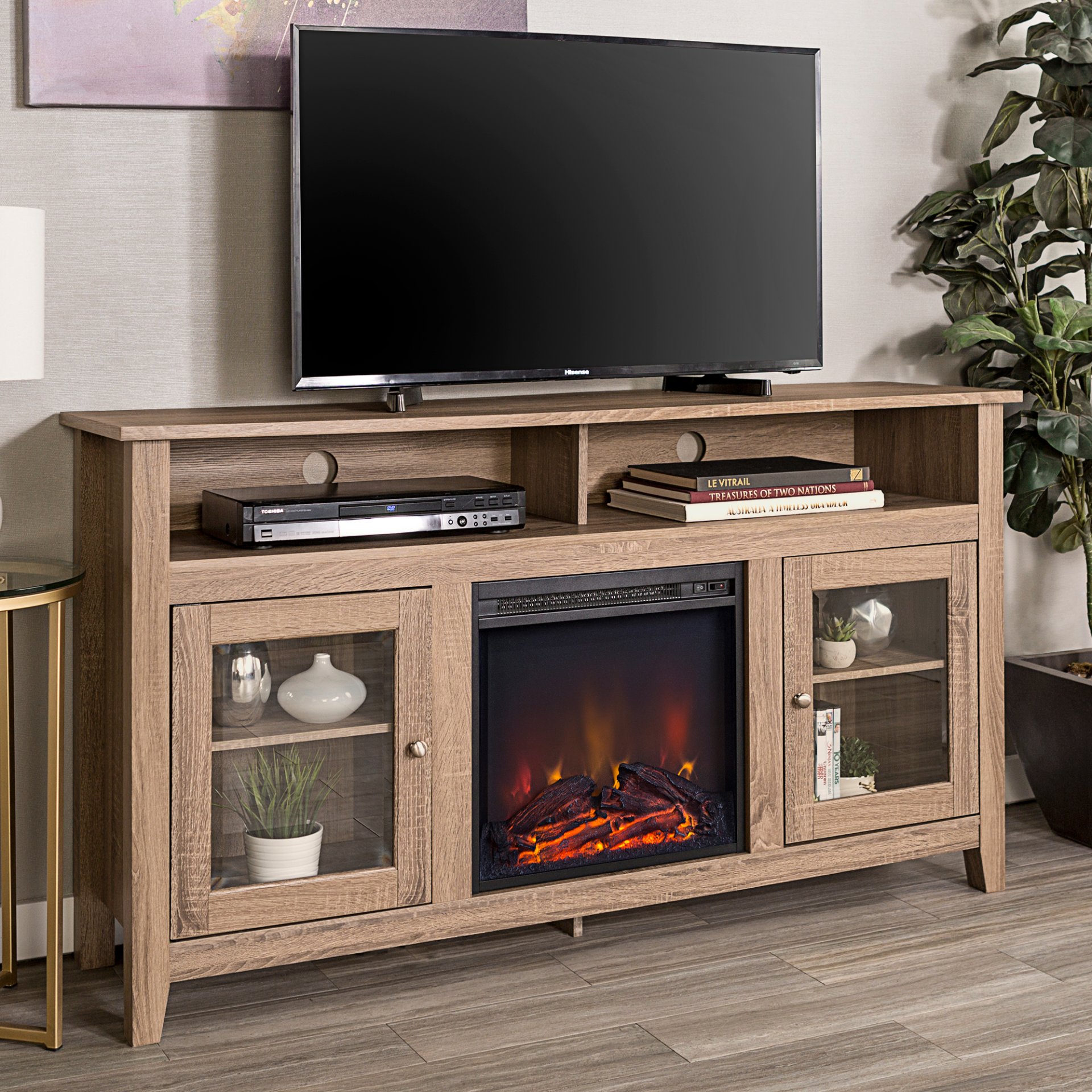 Classic Glass Door Fireplace Tall TV Stand For TVs Up To 65" - Driftwood - Image 5