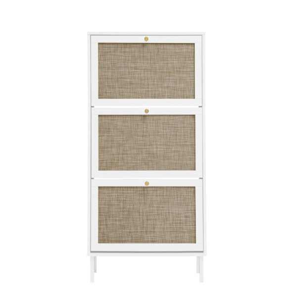 Modern Rattan 3 Door Shoe Rack Cabinet For Entryway Freestanding White Storage Unit In Particle Board - White