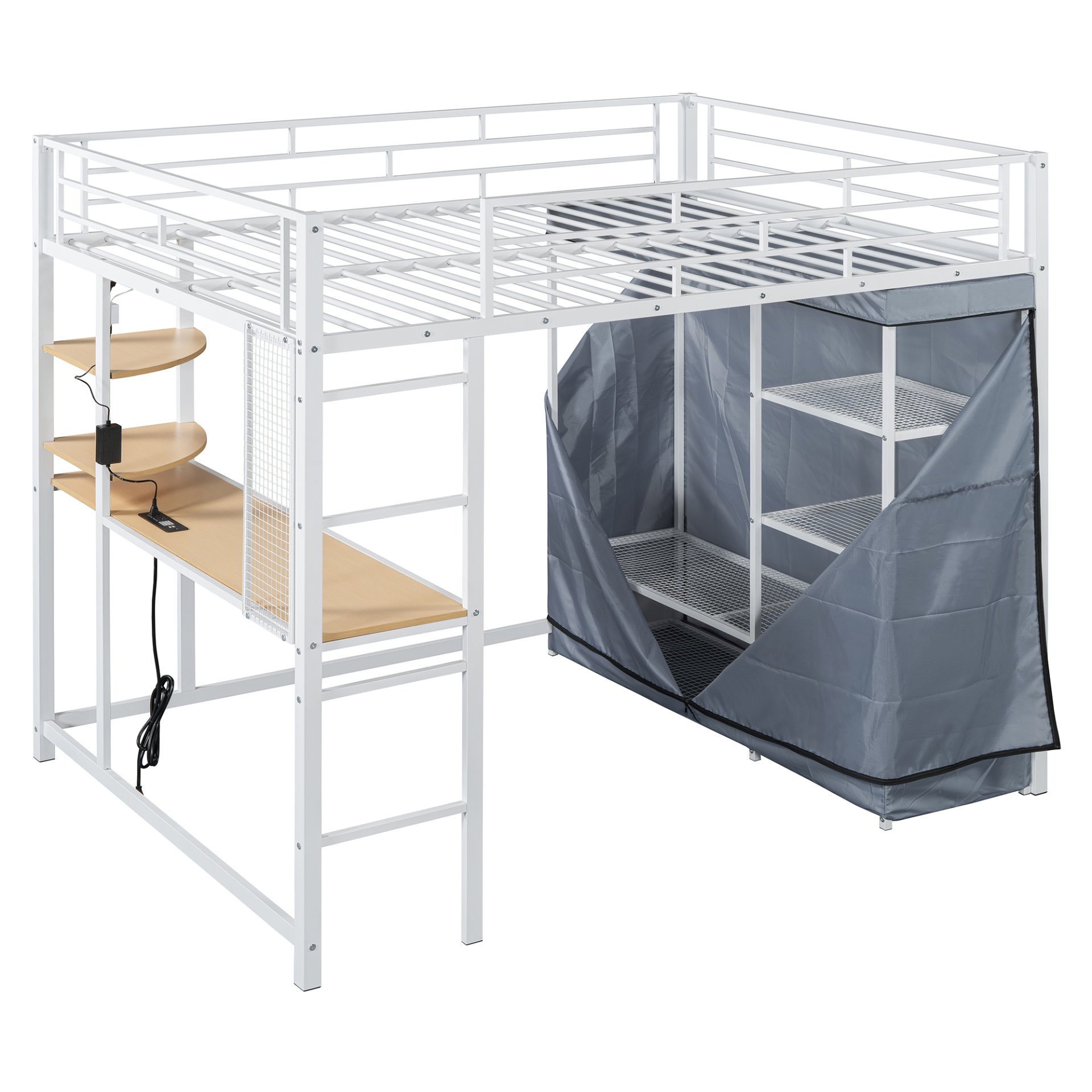 Full Size Loft Bed With Desk, Shelves, Power Outlet, LED Light And Wardrobe - White - Image 8