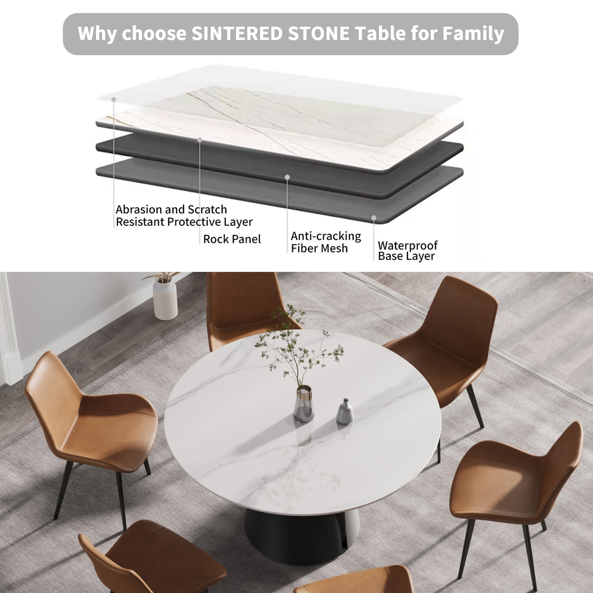 53.15" Modern Artificial Stone Round Carbon Steel Base Dining Table, Can Accommodate 6 People - White / Black - Image 4