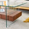 Modern 2 Tier Coffee Table With Drawer Clear Tempered Glass, Multifunctional Storage - Transparent / Wood - Image 16