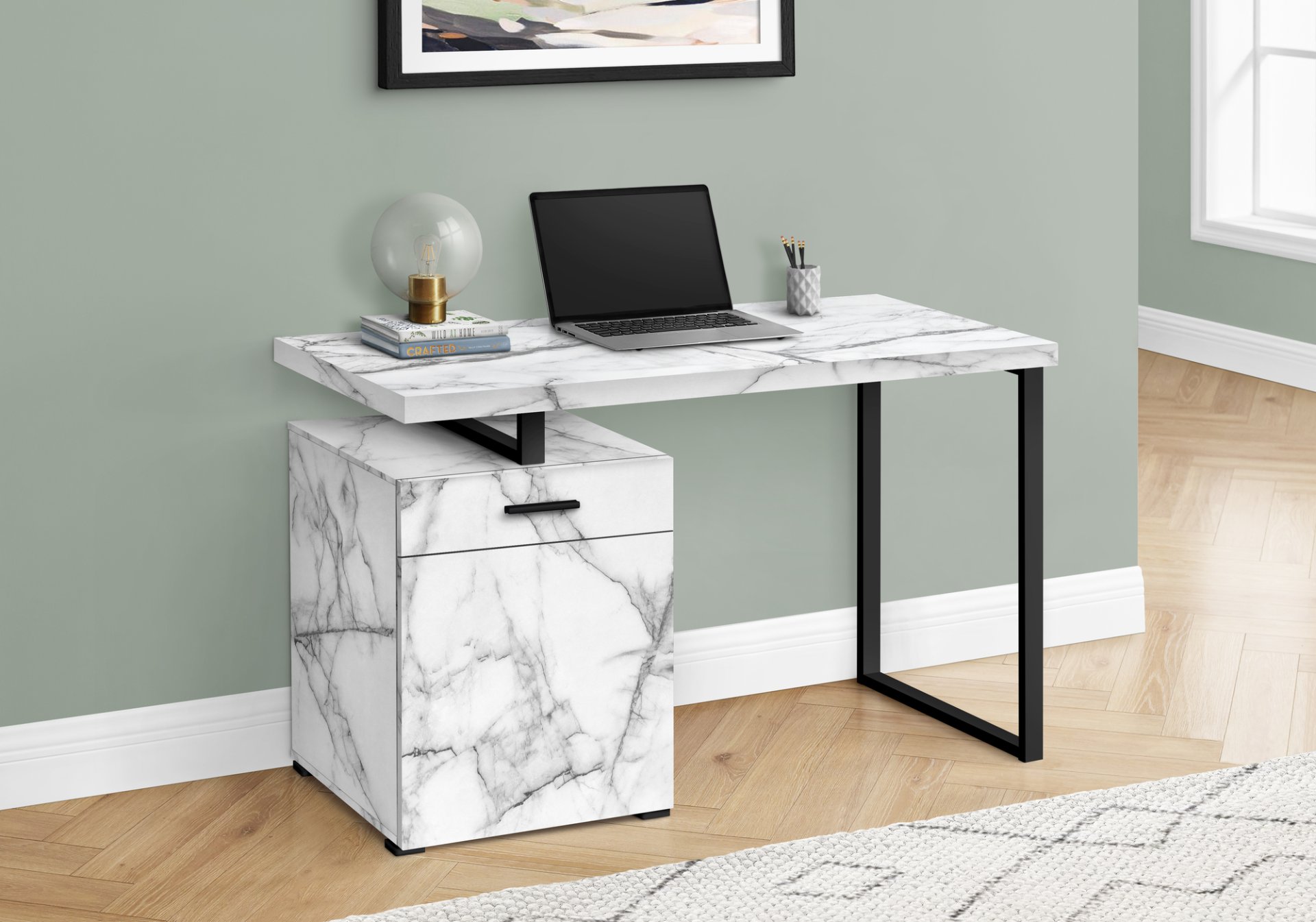 Computer Desk, Home Office, Laptop, Left, Right Set-Up, Storage Drawers, Work, Marble Look Laminate, Contemporary, Modern - White - Image 4