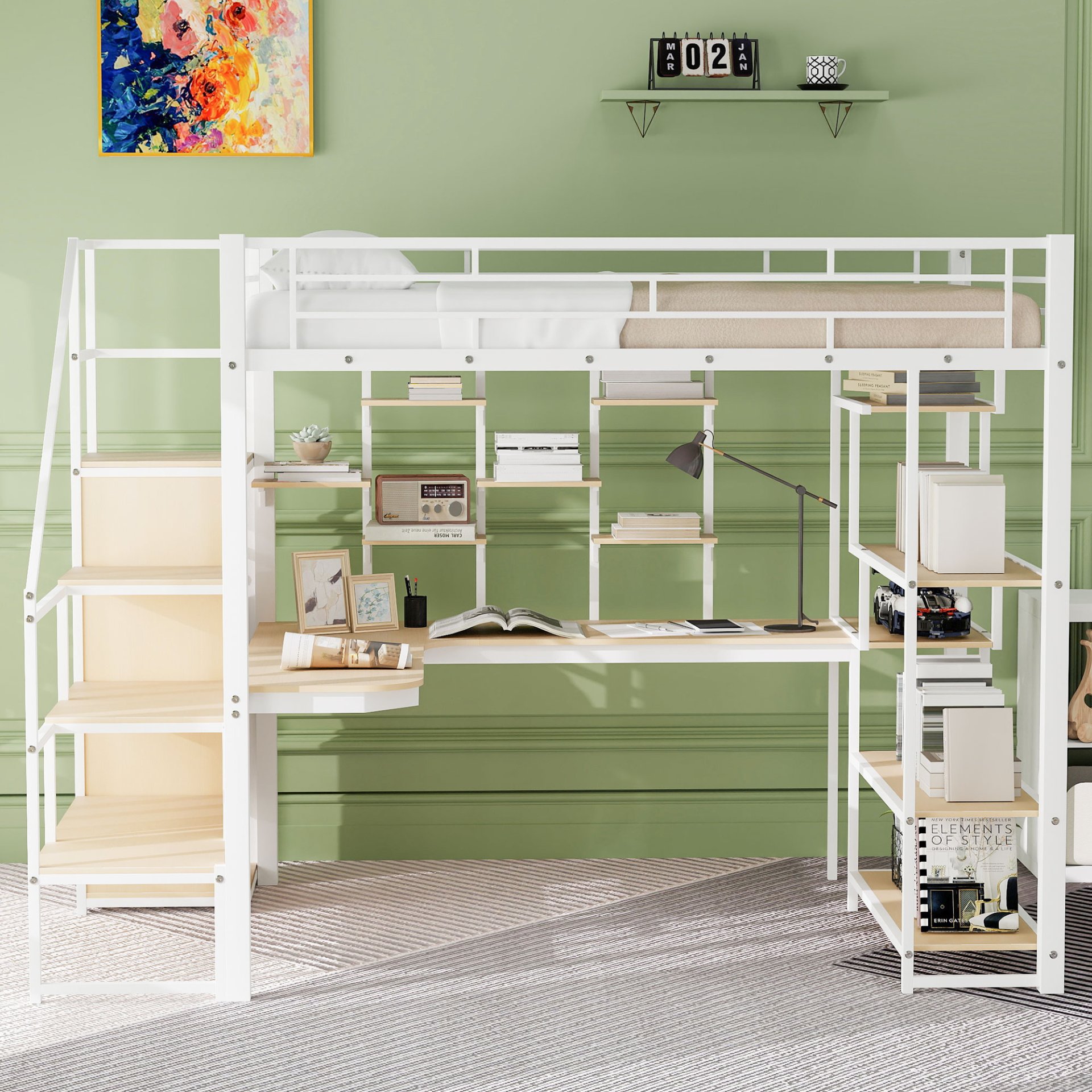 Full Size Metal Loft Bed With Storage Staircase And Small Wardrobe, Built - In Desk And Storage Shelves - White - Image 4