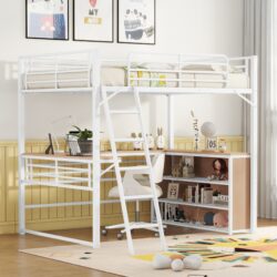 Full Size Loft Bed With 3 Layers Of Shelves And L-Shaped Desk - White