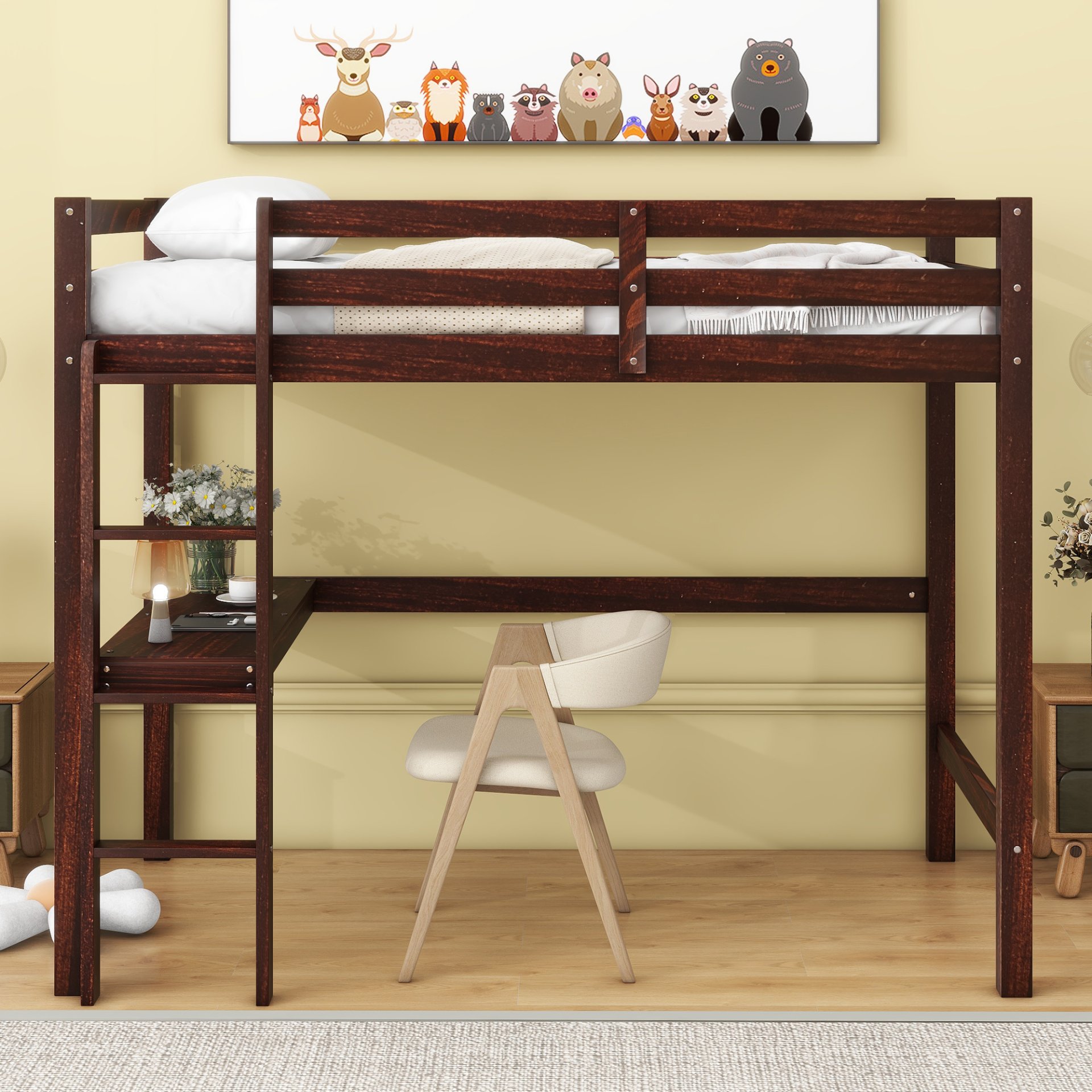 Twin Loft Pine Wood Bed With Built-In Desk, Safety Guardrails, Ladder - Espresso - Image 2