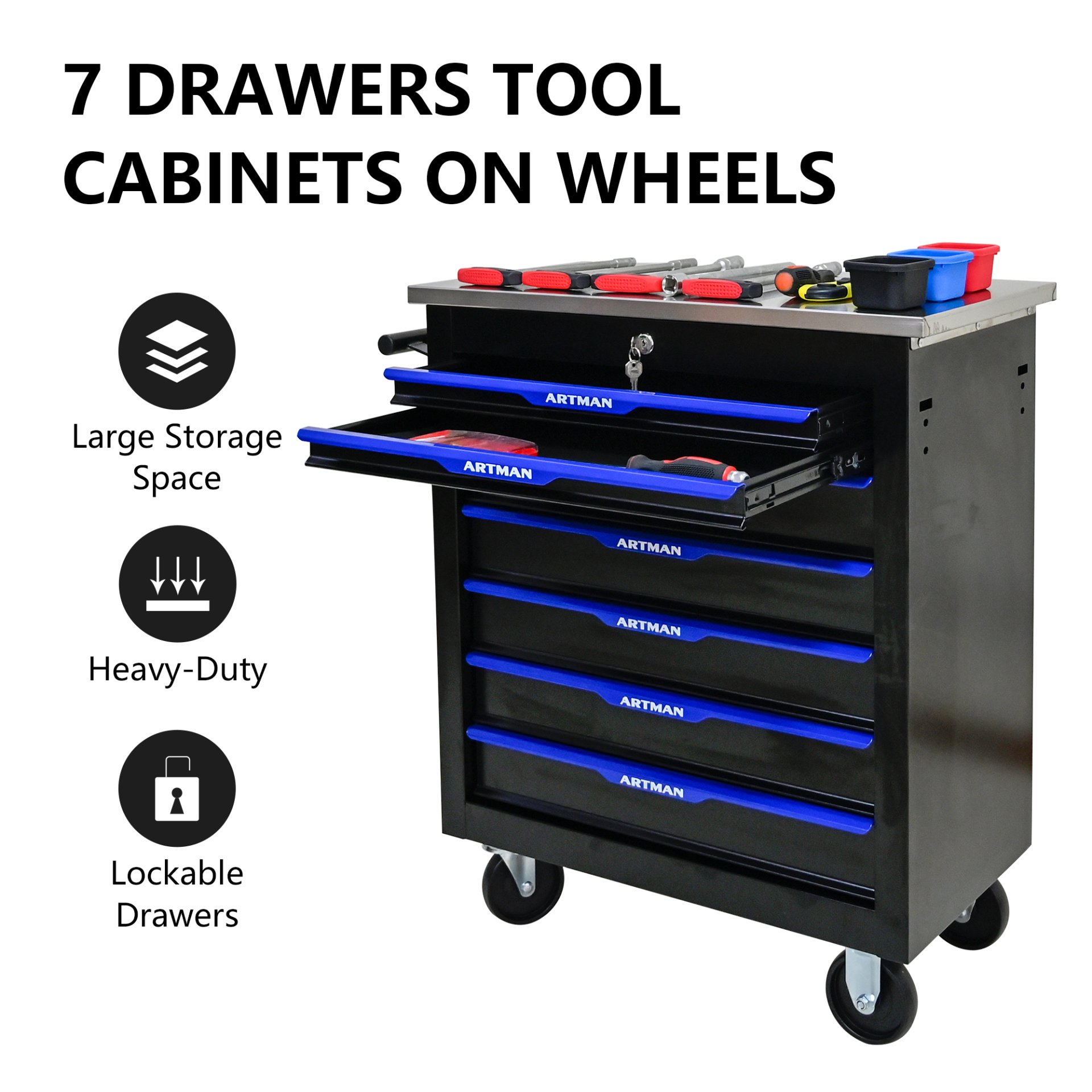7 Drawer Multifunctional Tool Cart With Wheels - Black / Blue - Image 8