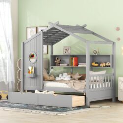 Twin Size House Bed With 2 Drawers, Kids Bed With Storage Shelf - Gray