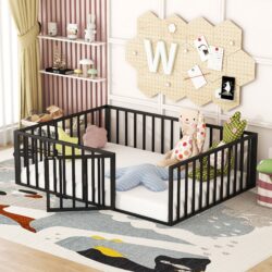 Full Size Floor Bed Frame With Fence And Door - Black