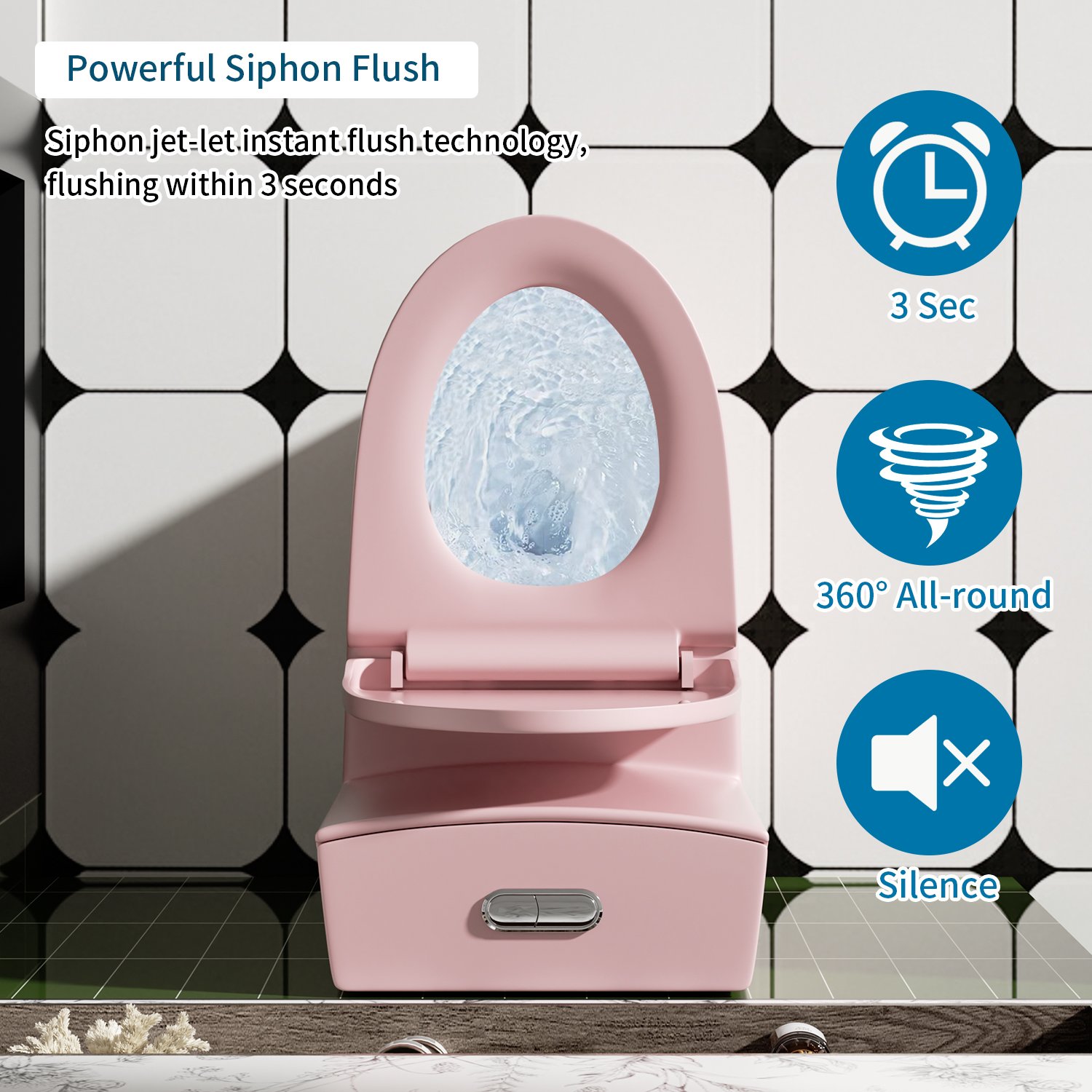 Fan Shaped Design 1 Piece Toilet With Elongated Bowl And Soft Close Seat, Dual Flush 1.1 / 1.6 Gpf - Pink Flower - Image 13