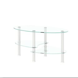 Transparent Oval Glass Coffee Table, Modern Table With Stainless Steel Leg, Tea Table 3-Layer Glass Table For Living Room - Transparent / White