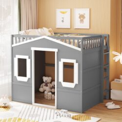 Full Size House Loft Bed With Ladder - Gray / White